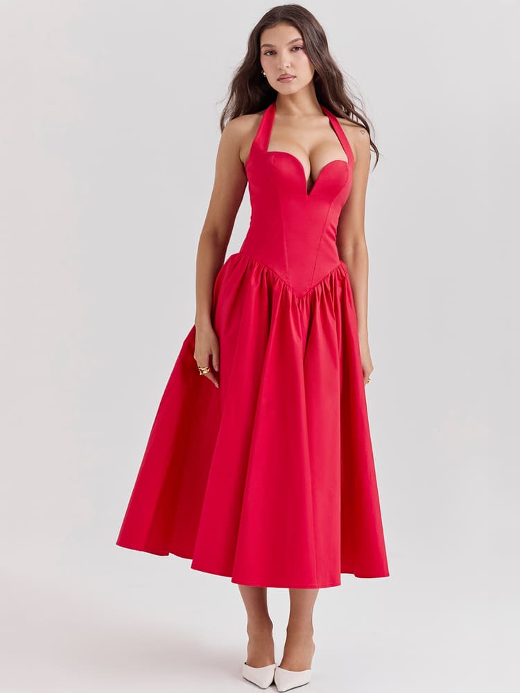 Halter Neck Midi Dress with Side Slit - Scarlet Red Newgew Dresses