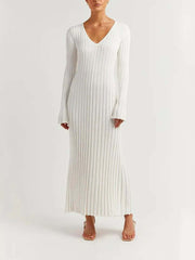 V Neck Flounce Sleeve Pit Strip Knitting Maxi Dress Newgew Dresses