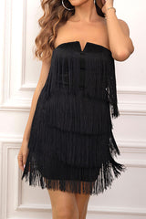 Solid Color Bandeau Retro Tiered Tassel Mini Dress NewGew