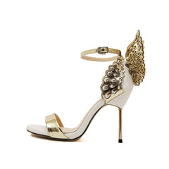 Metallic Contrast Open Toe Ankle Strap Stiletto Butterfly Heels - Gold NewGew