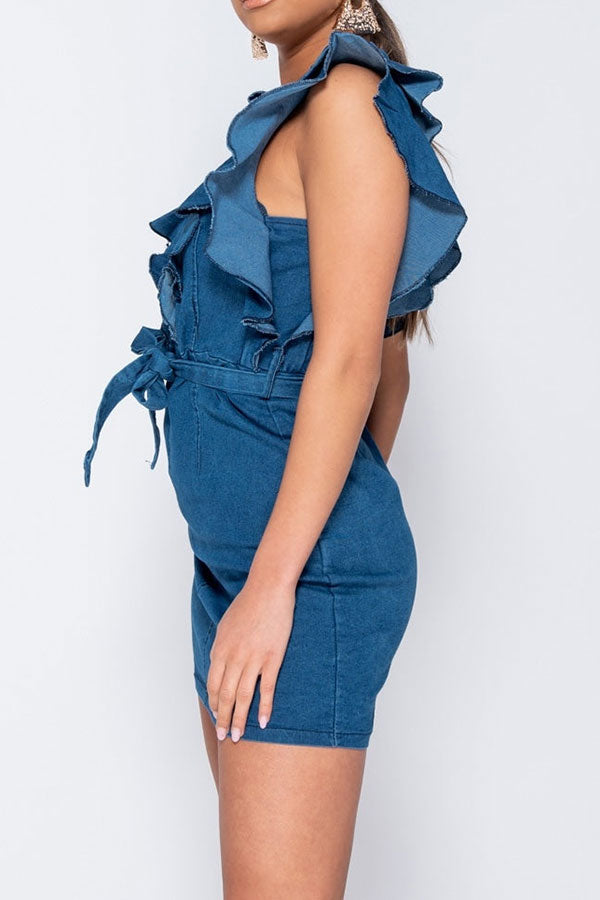 Ruffle Design Stunning Belted Denim Mini Dress NewGew