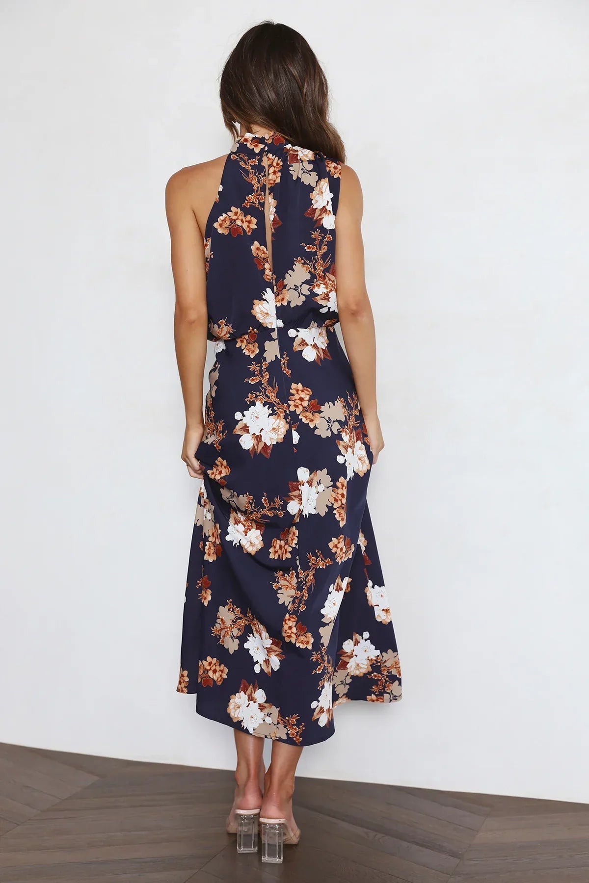 Wine Country Dates Floral Halter Neck Elastic Waist Maxi Dress Newgew Dresses