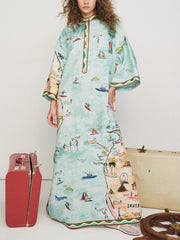 Modern Satin Art Island Print Slit Maxi Dress Newgew Dresses