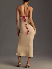 Knitted Suspender Halterneck V-Neck Backless Midi Dress Newgew Dresses