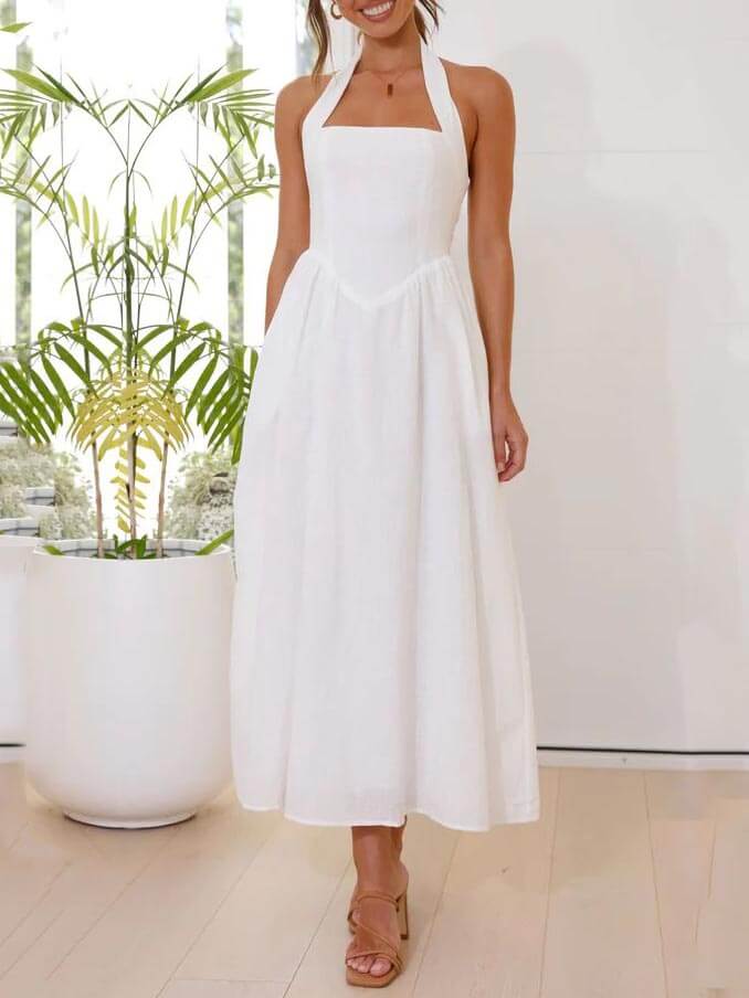 Halter Neck Waist Little Black Dress Mid Length Dress Newgew Dresses