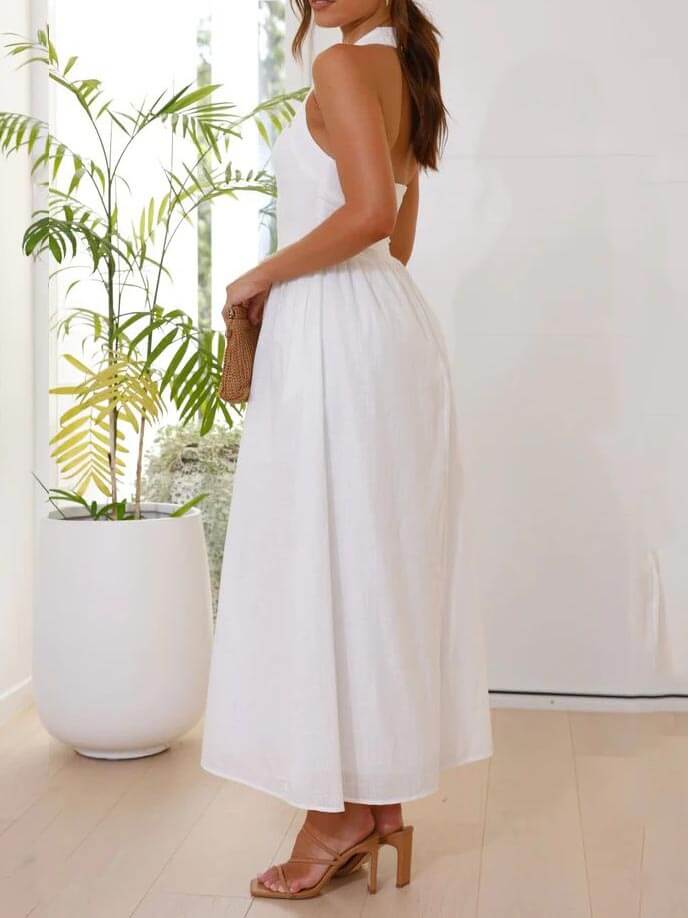 Halter Neck Waist Little Black Dress Mid Length Dress Newgew Dresses