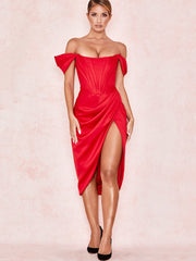 Cap Shoulder Corset Bodycon Midi Dress - Red Newgew Dresses
