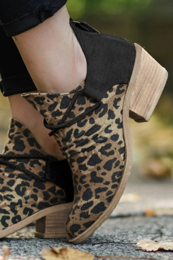 Retro Pointed Toe Square Heel Leopard Print Fashion Short Boots NewGew