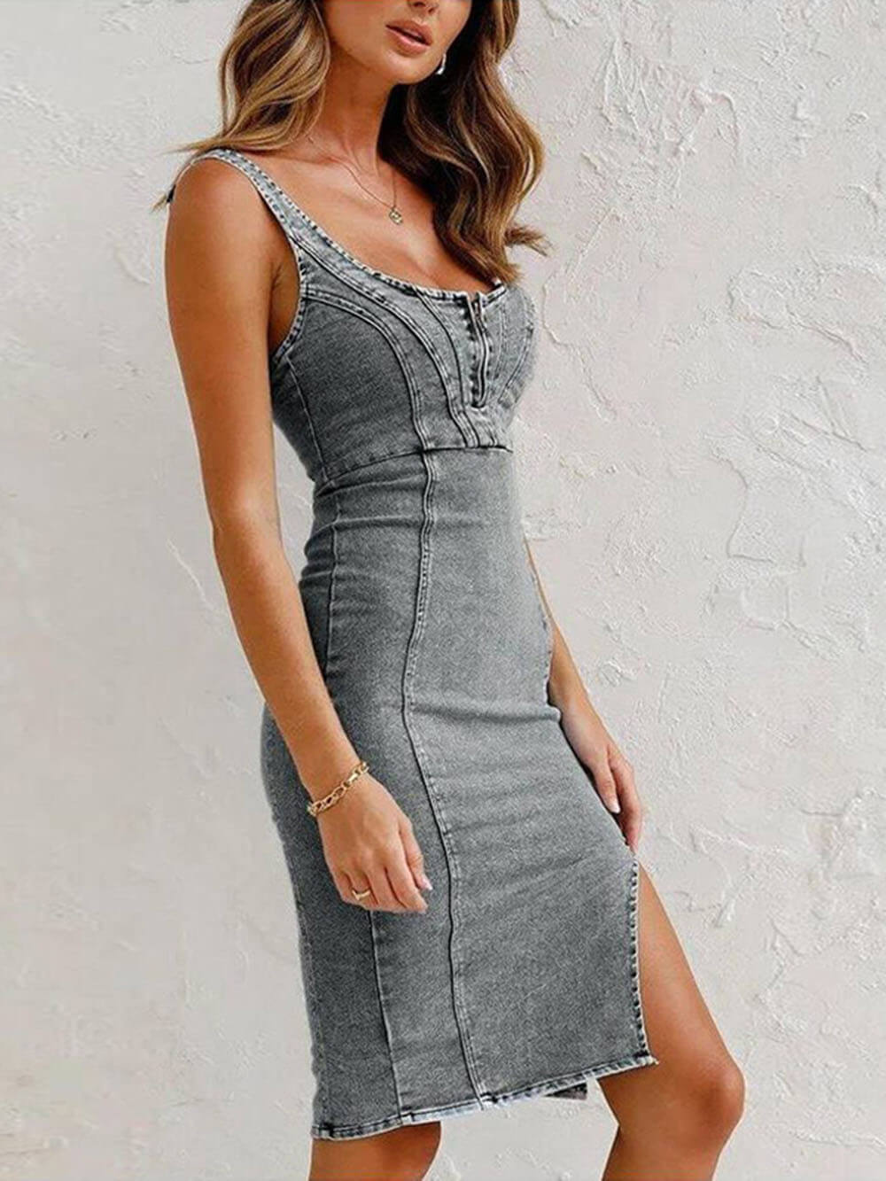 This Seasons Staple Denim Adjustable Straps Zip-up Firm Stretch Midi Dress Newgew Dresses