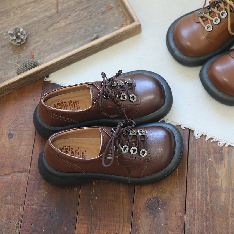 Women Retro Cowhide Lace Up Casual Shoes Newgew Shoes