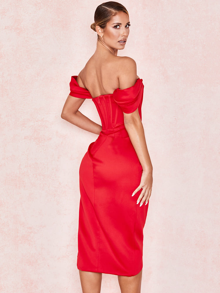 Cap Shoulder Corset Bodycon Midi Dress - Red Newgew Dresses