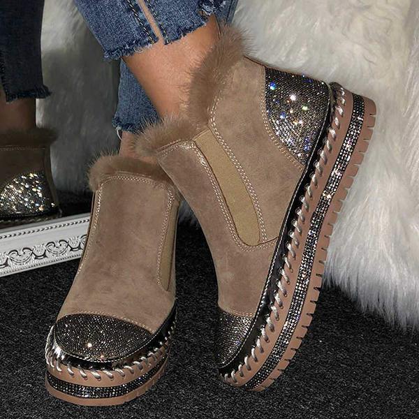 Women Warm Slip On Rhinestone Platform Ankle Boots NewGew