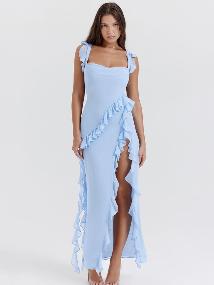 Ruffled Long Suspender Dress - Blue Newgew Dresses