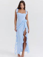 Ruffled Long Suspender Dress - Blue Newgew Dresses