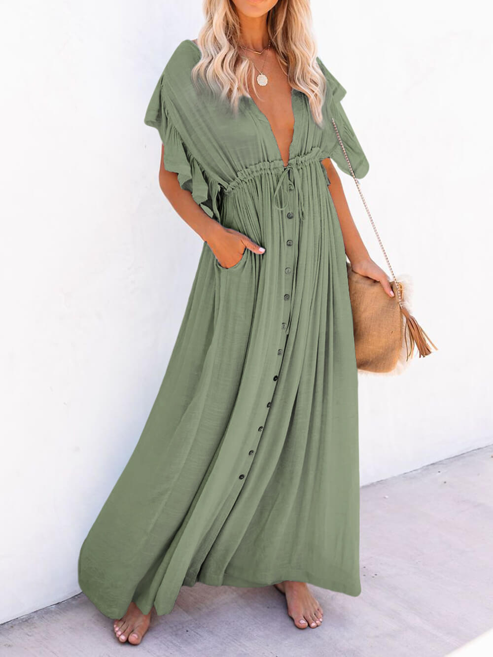 Button Cotton Linen Perfect Beach Boho Maxi Dress Newgew Dresses