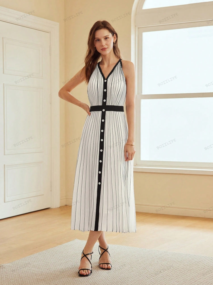 High-End Limited Edition Striped Color-Blocked Sleeveless Dress Newgew Dresses