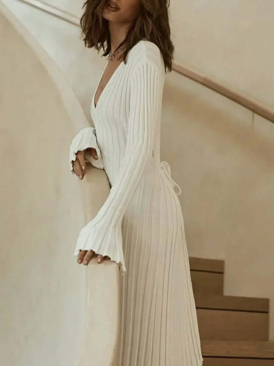 V Neck Flounce Sleeve Pit Strip Knitting Maxi Dress Newgew Dresses
