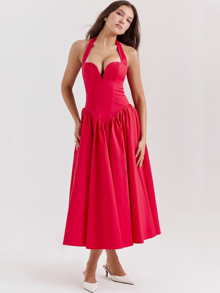 Halter Neck Midi Dress with Side Slit - Scarlet Red Newgew Dresses