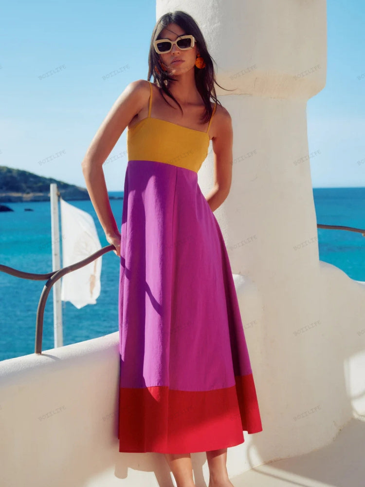 Vacation-Style Color Block Spaghetti Strap Dress Newgew Dresses