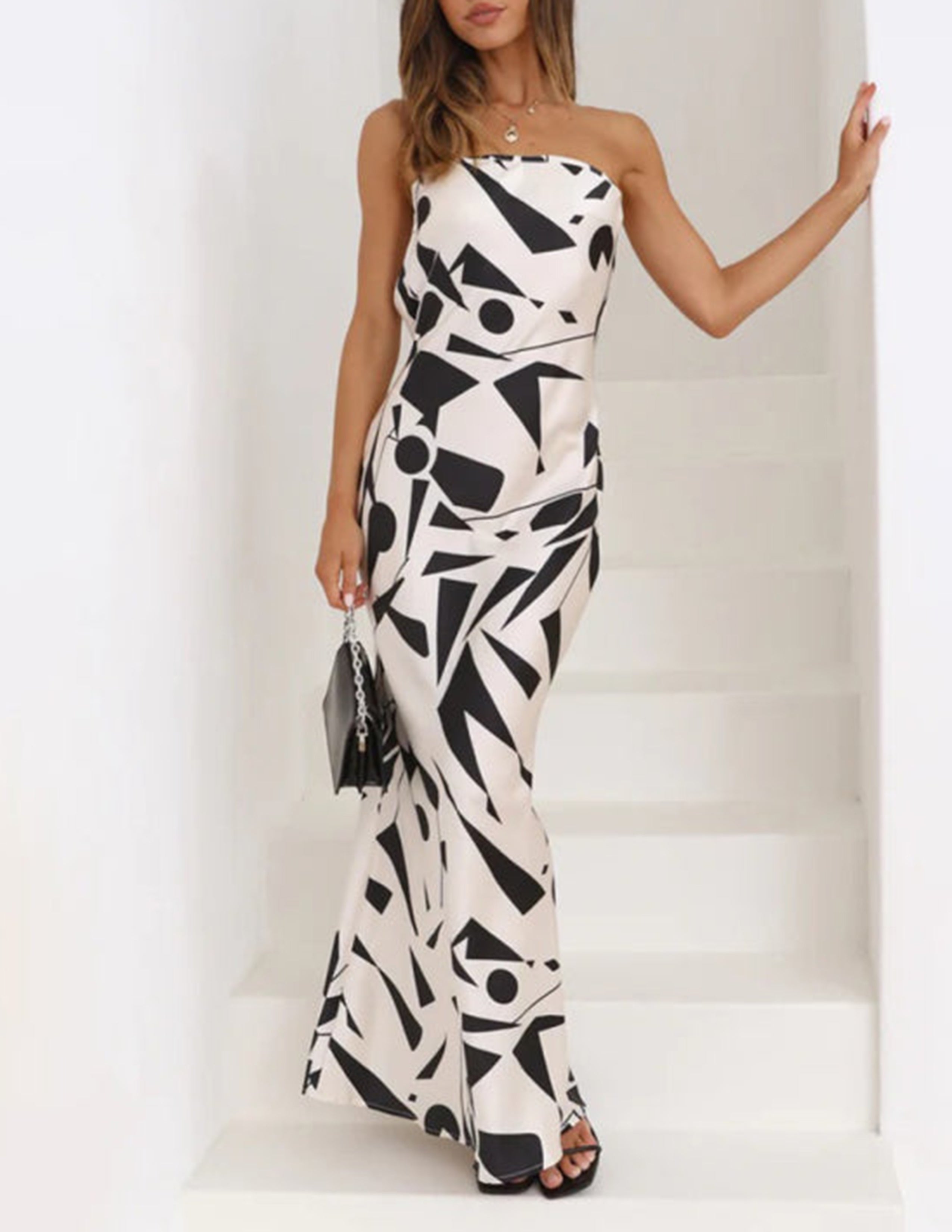 Satin Geometric Print Off Shoulder Maxi Dress Newgew Dresses