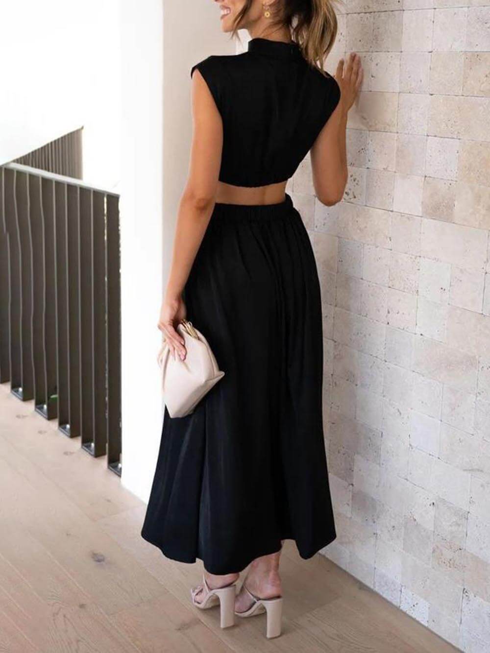 Cutout Waist Pocketed Vacation Midi Dress Newgew Dresses