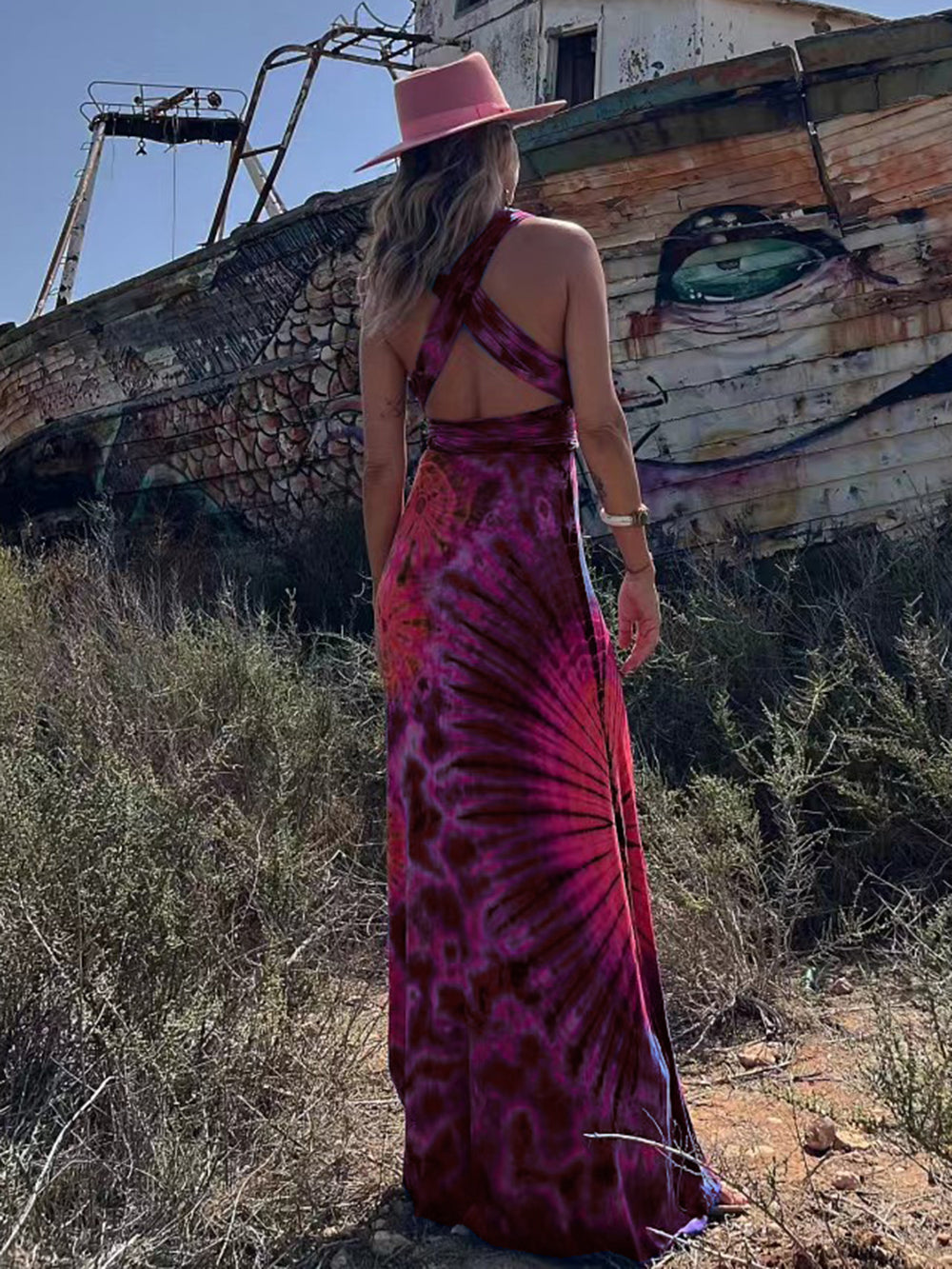Tie-dye Print V-neck Cross Back Straps Stretch Maxi Dress Newgew Dresses