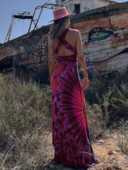 Tie-dye Print V-neck Cross Back Straps Stretch Maxi Dress Newgew Dresses