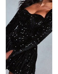 Black Sequin Cup Detail Long Sleeve Skater Mini Dress Newgew Dresses