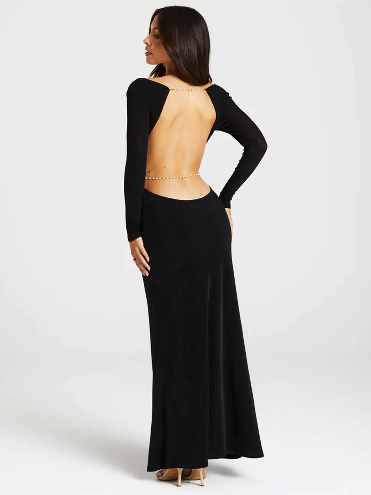 Pearl Chain Backless Fitted Maxi Dress Newgew Dresses