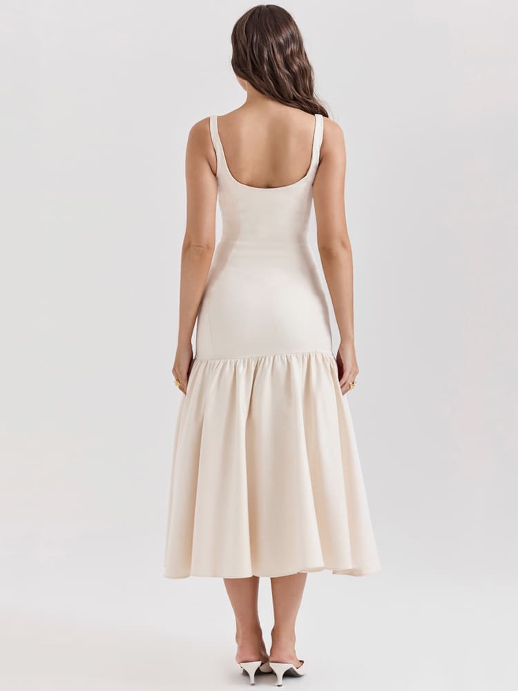 Vintage Low-Waist Midi Dress - Cream Beige Newgew Dresses