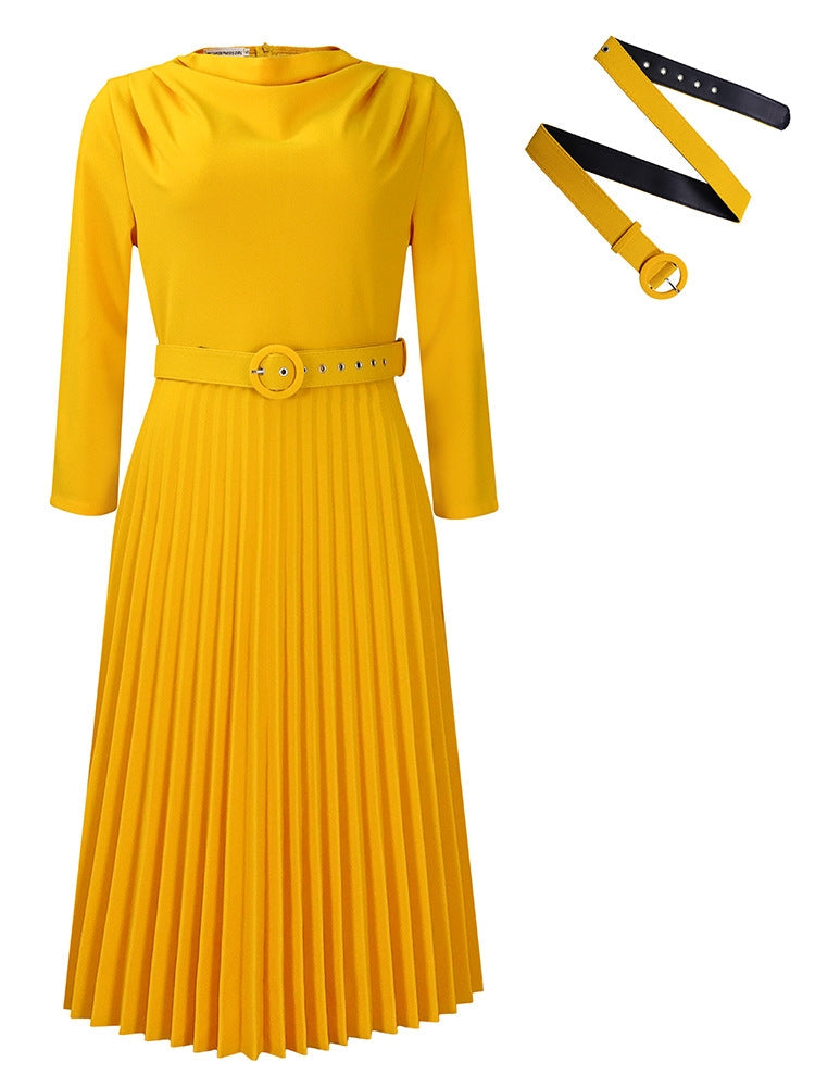 Elegant Solid Color Pleated Dress with Belt Newgew Dresses