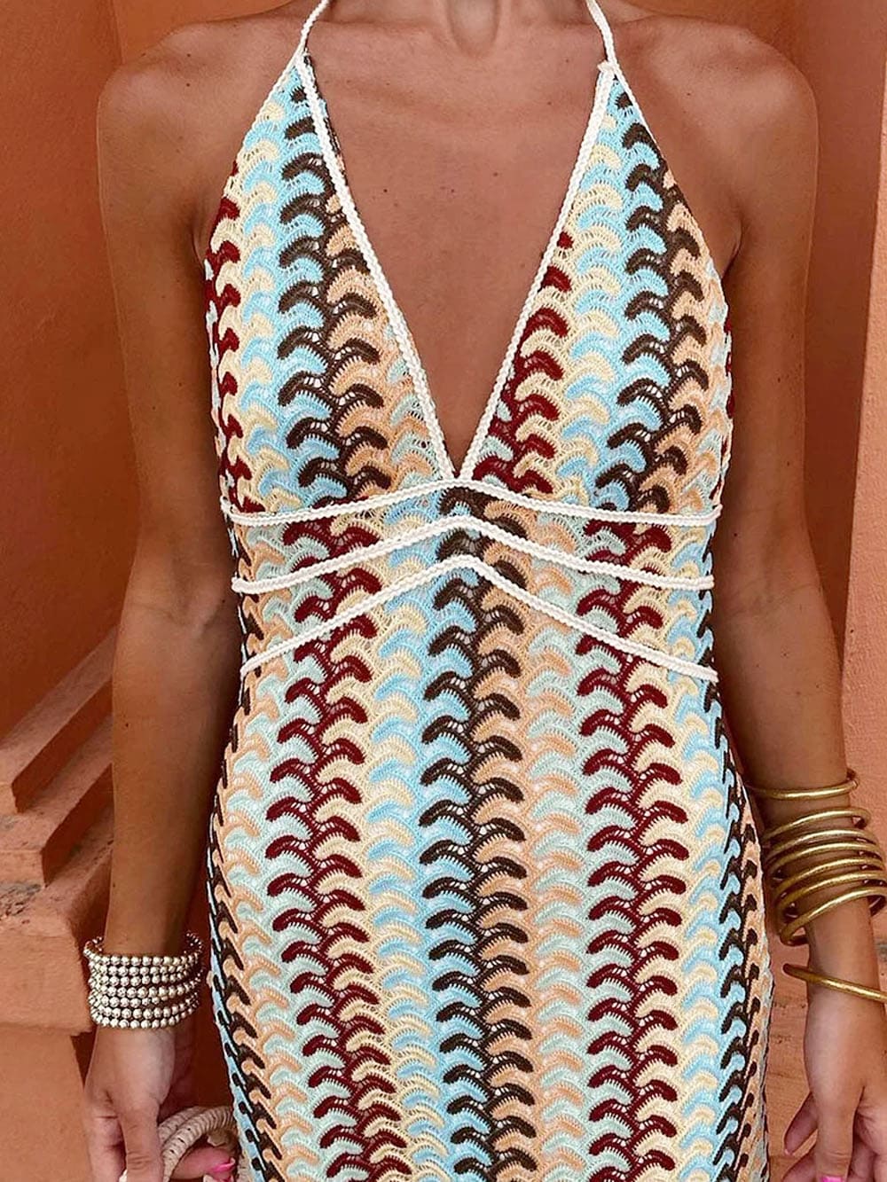 Halter V Neck Backless Boho Pattern Knit Slim-Fit Vacation Maxi Dresses-Beige Newgew Dresses