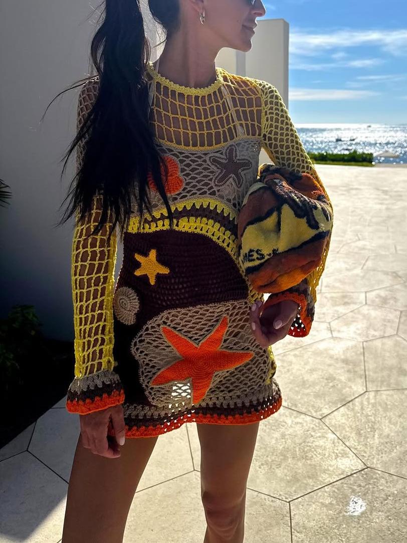 Coral Reef-Inspired Pattern Crochet Mini Dress Newgew Dresses