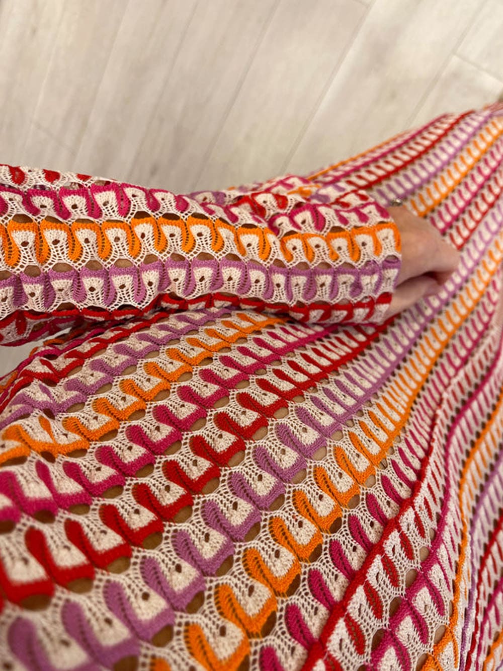 Boho V Neck Bell Sleeve Wavy Striped Crochet Beach Vacation Maxi Dress - Red Newgew Dresses