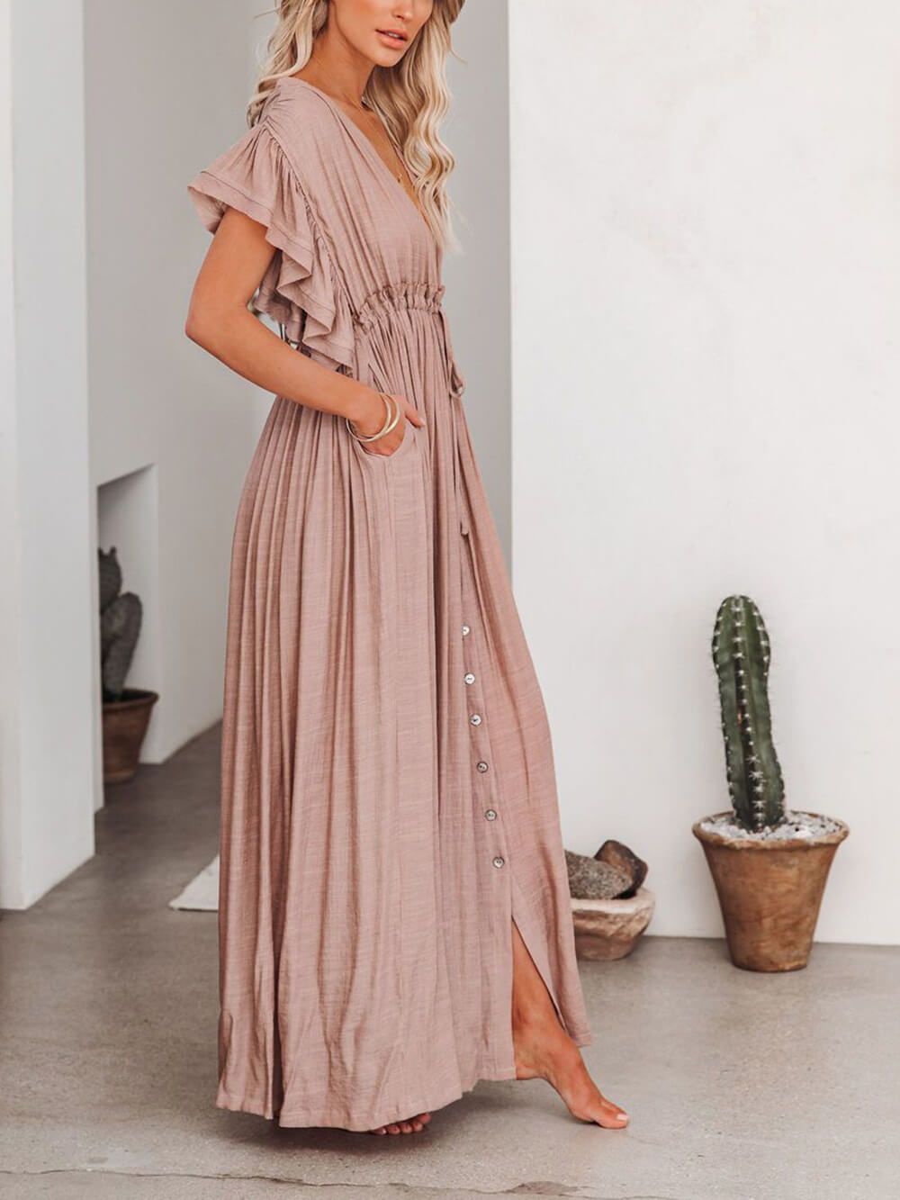 Button Cotton Linen Perfect Beach Boho Maxi Dress Newgew Dresses