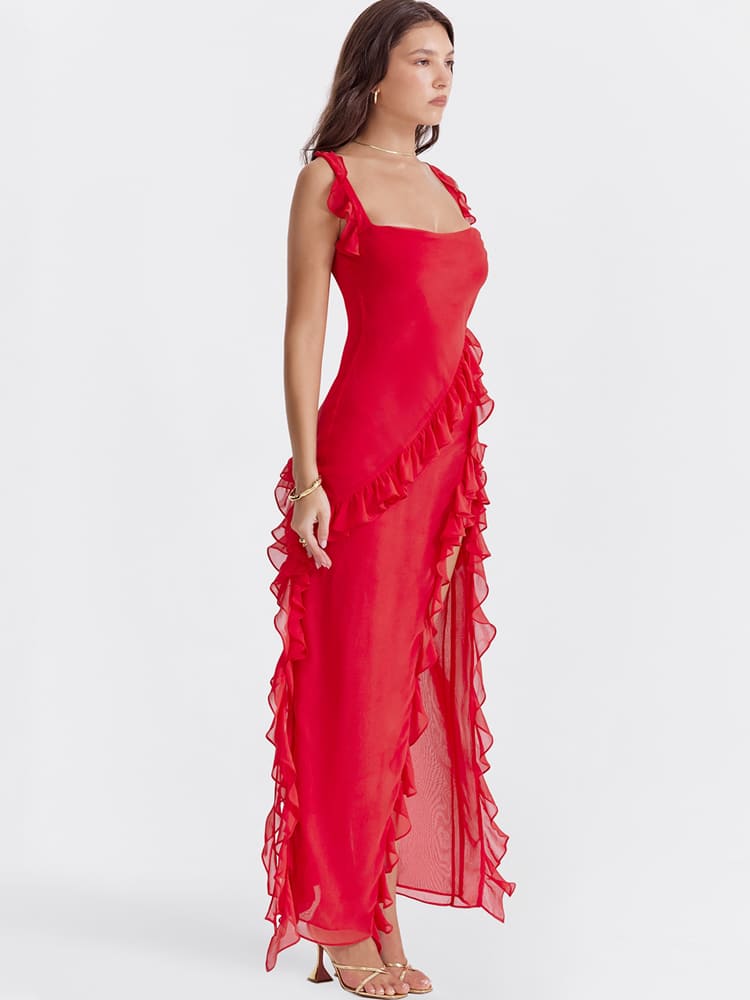 Ruffled Long Maxi Slip Dress - Red Newgew Dresses