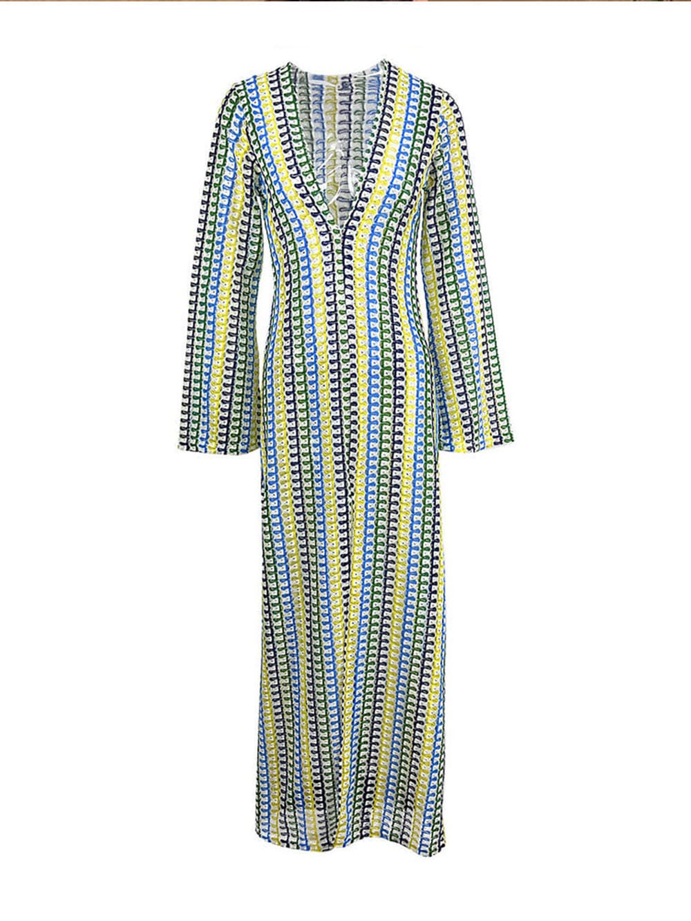 Boho V Neck Bell Sleeve Wavy Striped Crochet Beach Vacation Maxi Dress - Yellow Newgew Dresses