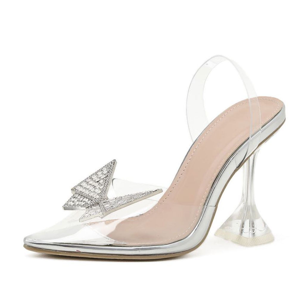 Sparkly Rhinestone Pointed Toe Slingback PVC Butterfly Heels - Silver NewGew