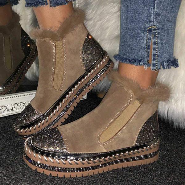 Women Warm Slip On Rhinestone Platform Ankle Boots NewGew