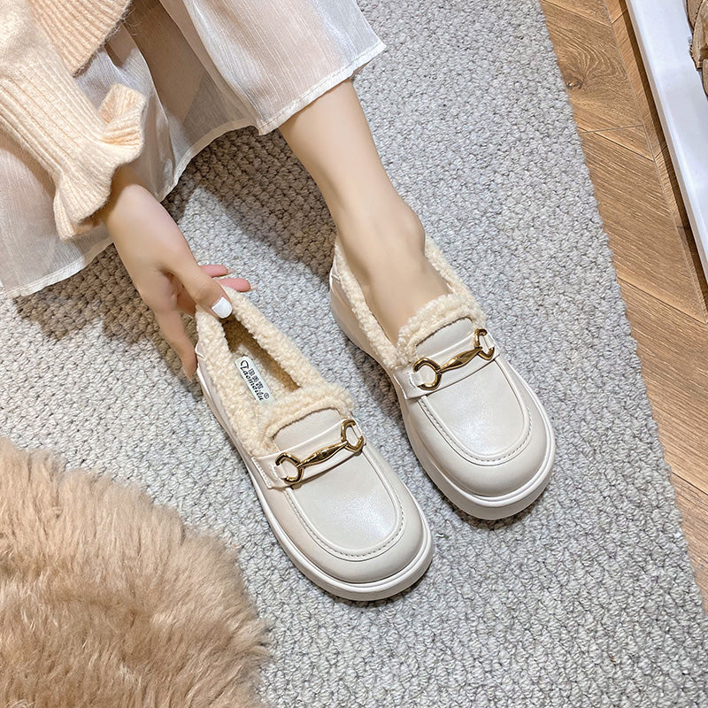 Women Retro Minimalist Furred Thick Soled Loafers Newgew Shoes