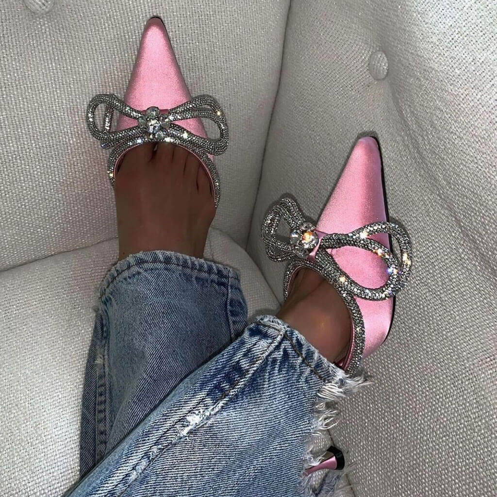 Sparkly Rhinestone Pointed Toe Ankle Strap Satin Butterfly Heels - Pink NewGew