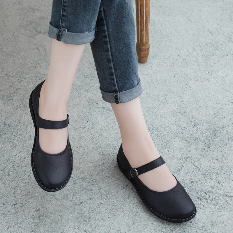 Women Casual Retro Leather Handmade Buckle Flats Newgew Shoes