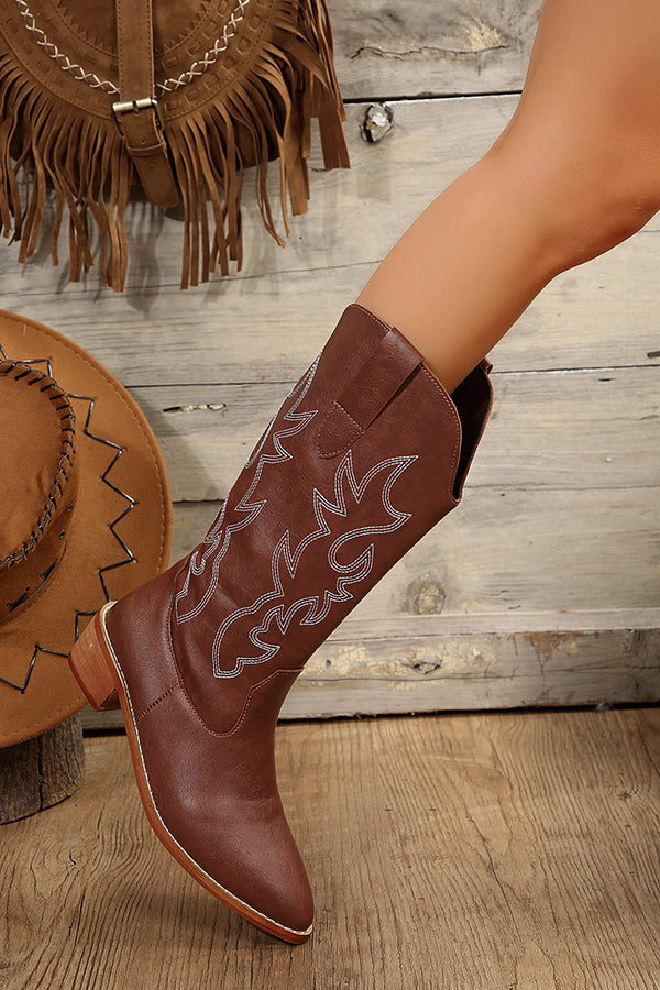 Retro Mid-Heeled Pointed Toe Western Cowboy Boots NewGew