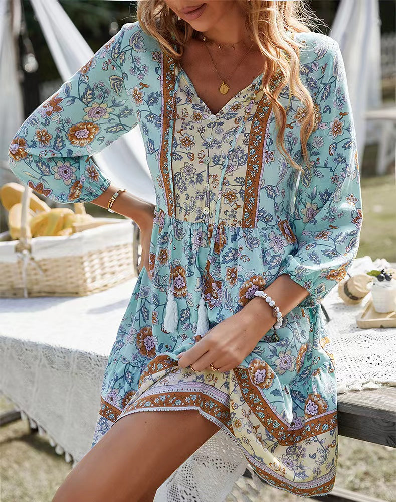 V-neck Printed Casual Bohemian Short Dress Newgew Dresses