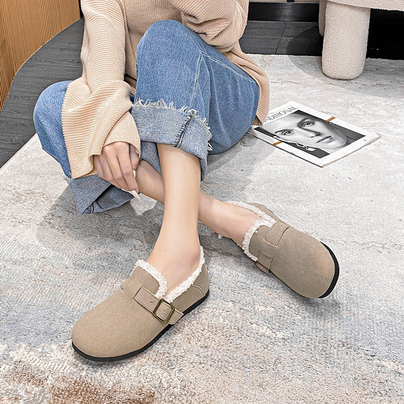 Women Retro Leather Furred Solid Casual Loafers Newgew Shoes