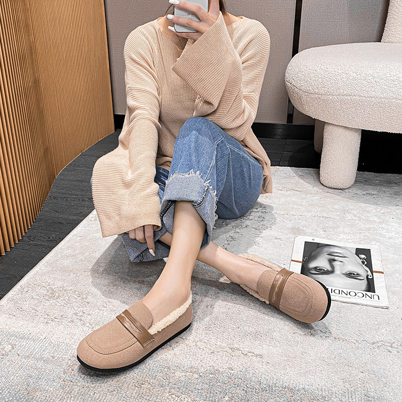 Women Retro Frosted Cowhide Furred Casual Loafers Newgew Shoes