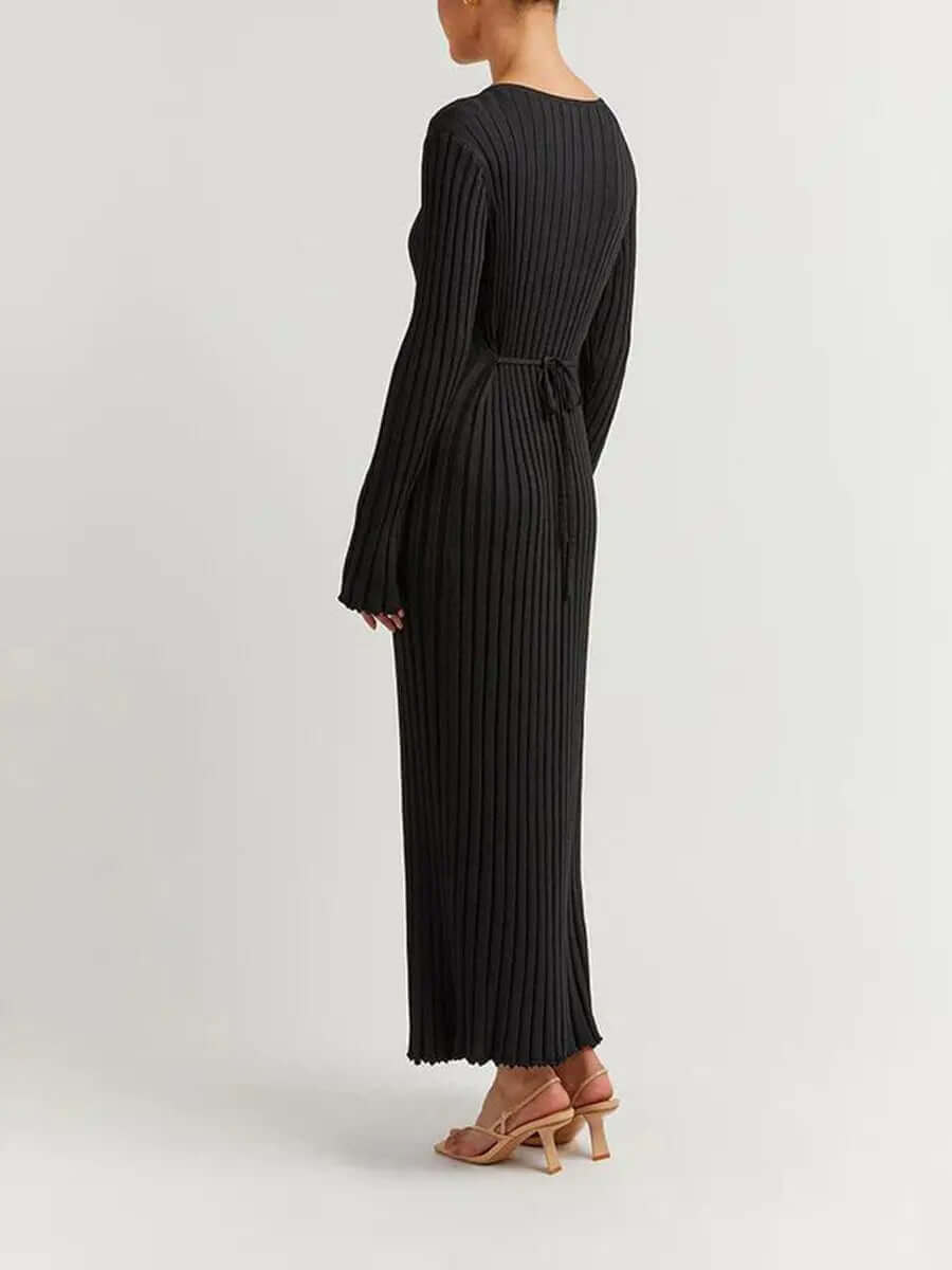 V Neck Flounce Sleeve Pit Strip Knitting Maxi Dress Newgew Dresses