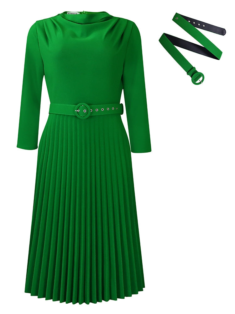 Elegant Solid Color Pleated Dress with Belt Newgew Dresses