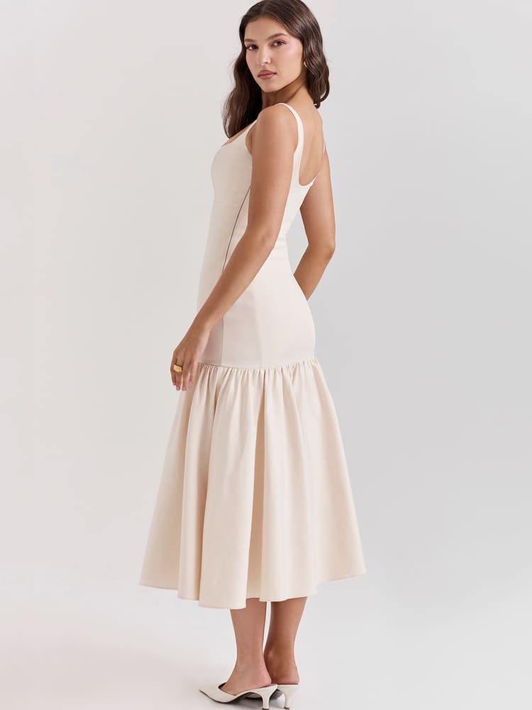 Vintage Low-Waist Midi Dress - Cream Beige Newgew Dresses