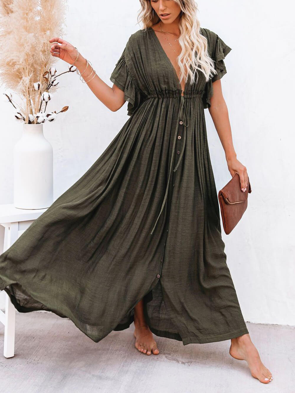 Button Cotton Linen Perfect Beach Boho Maxi Dress Newgew Dresses
